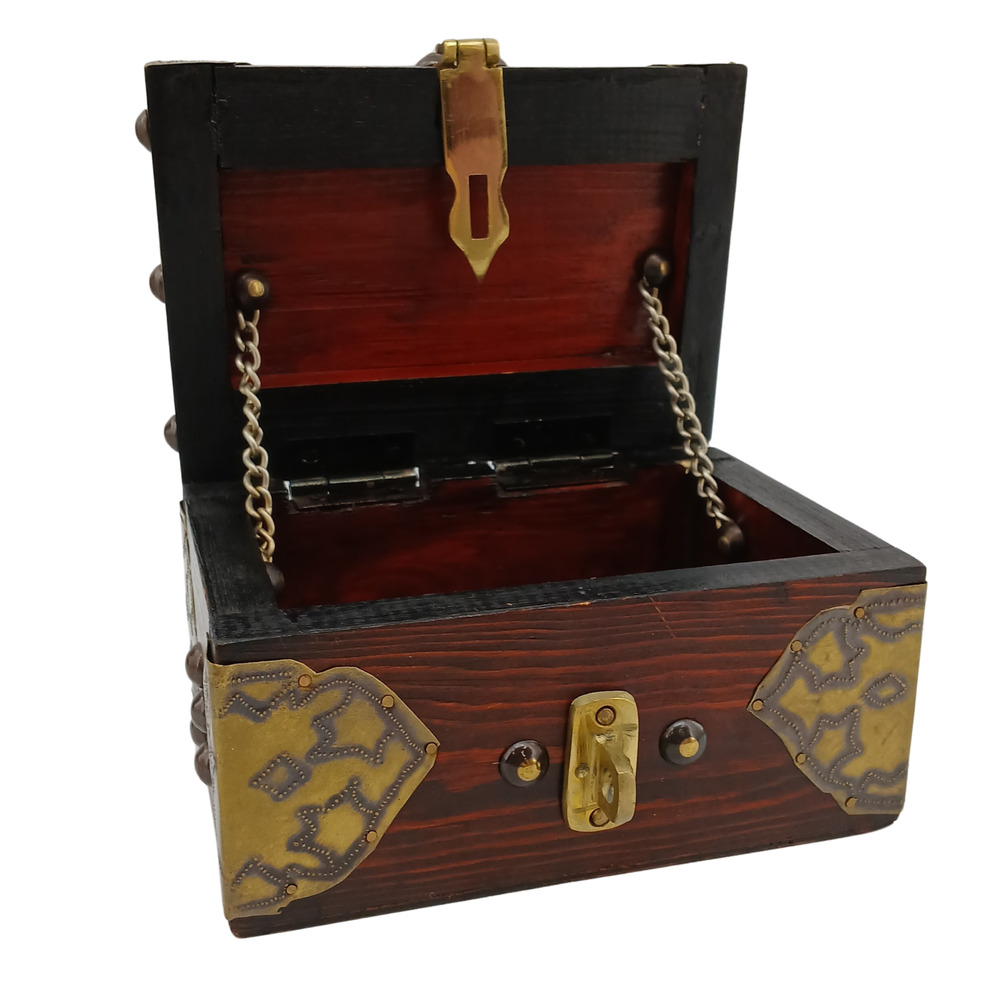 Vintage Wooden Treasure Chest Box with Brass Accents – Jewelry Keepsake Storage